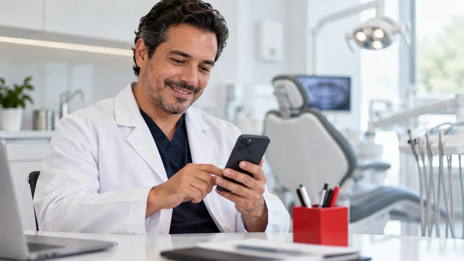 Dentista en su consultorio revisando mensajes de pacientes en su celular