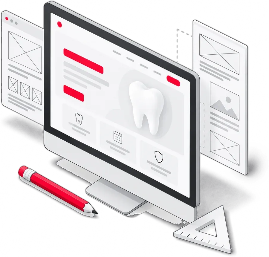 Ilustración de una computadora con el diseño de una página dental y bocetos alrededor